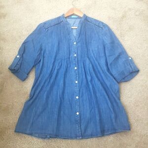 J. Mclaughlin Chambray Top Medium Roll Tab Sleeves Button‎ Front Denim